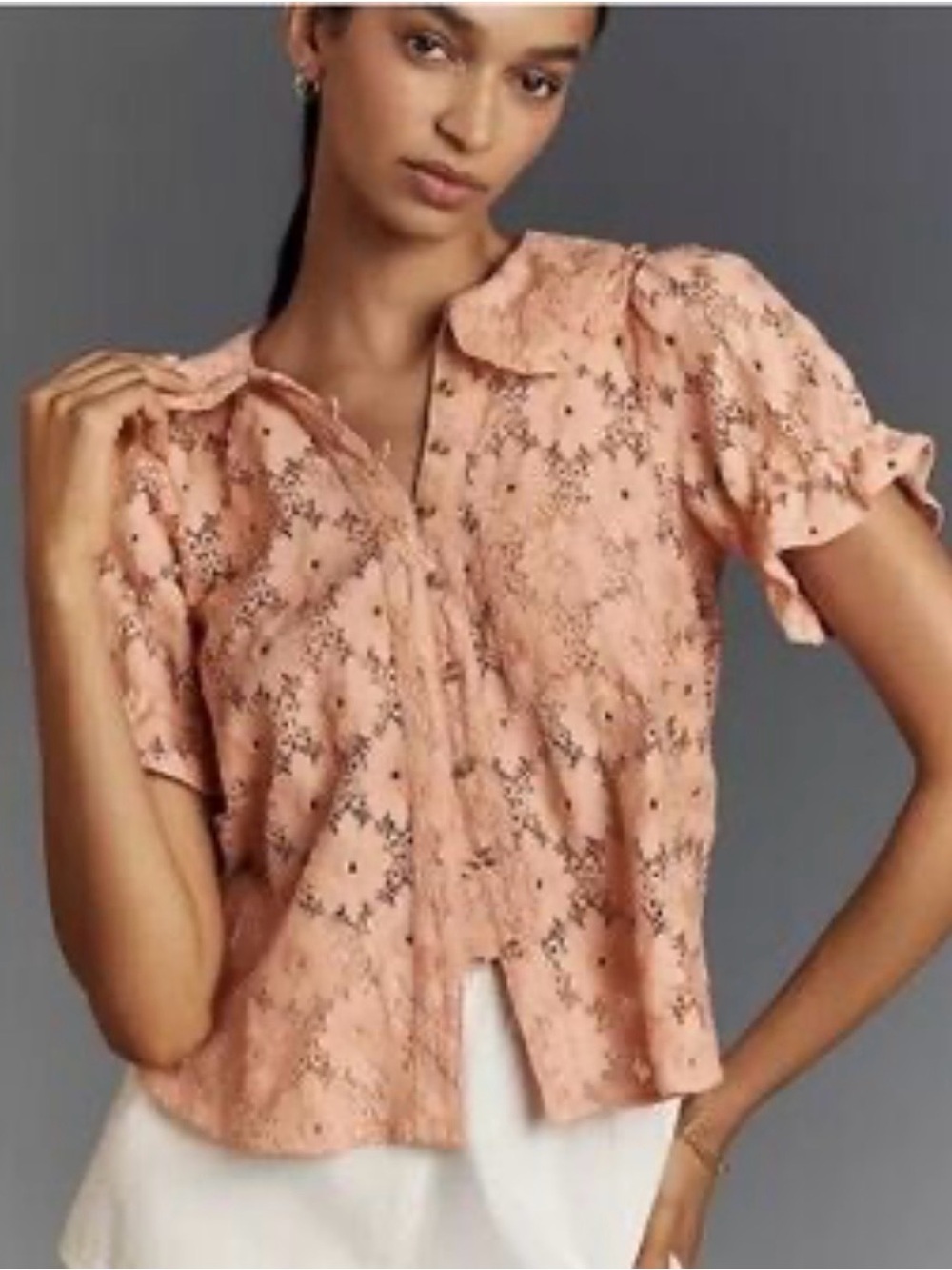 Anthropologie Peach Eyelet Peter Pan Collar Blouse